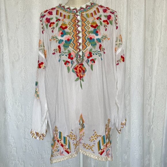 Johnny Was Tops - Johnny Was Women's Tunic Top Large Jessa White Sheer Embroidered Button Oversize